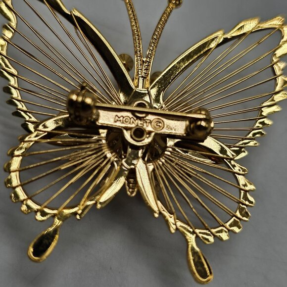 Gold Tone Monet Butterfly Brooch With Clear Rhinestones - Picture 4 of 5
